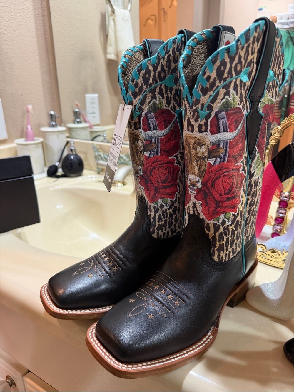Ariat Black Leather Western Boots with Red Rose & Leopard Shaft